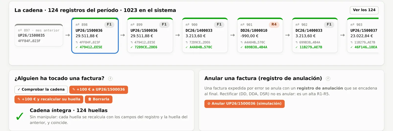 La cadena de registros de VeriFactu, cada factura con su huella enlazada a la anterior, y la comprobación de que la cadena está íntegra.