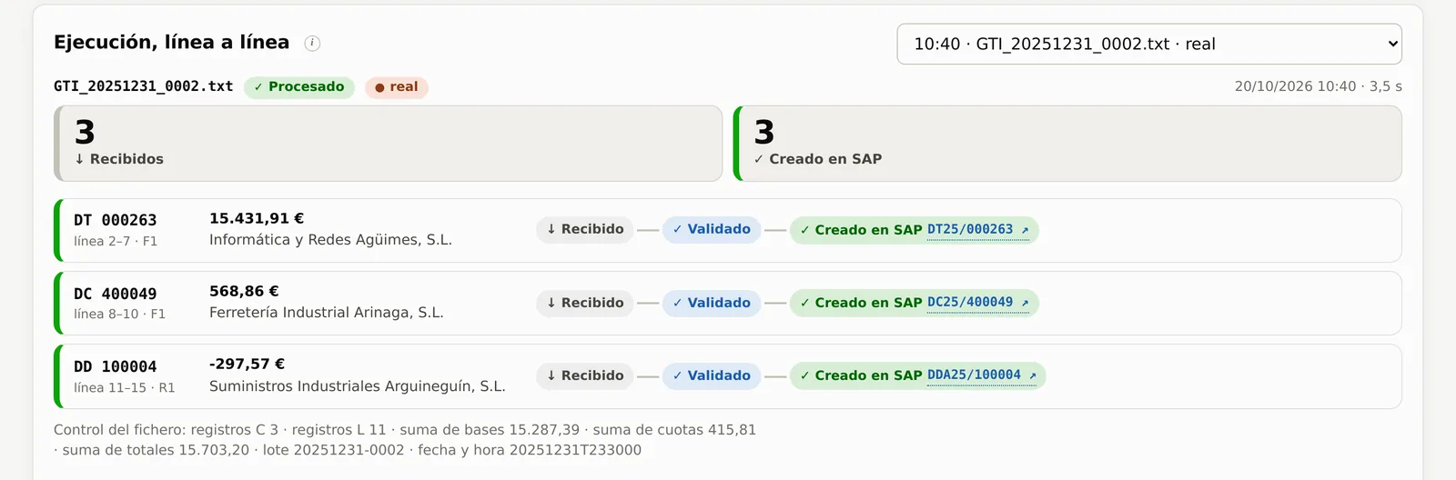 Lectura de un fichero de GTI: tres documentos recibidos, validados y creados en SAP con su número.