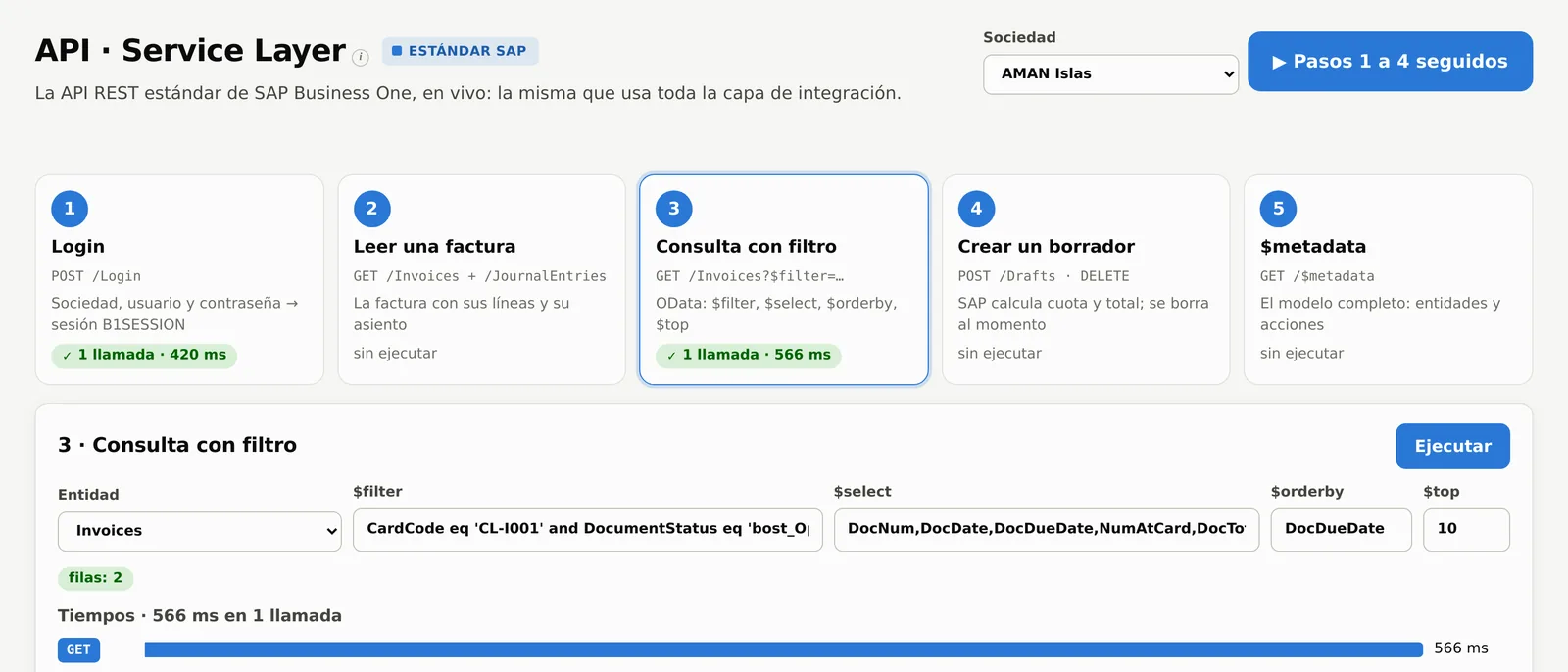 Pantalla de la API de SAP: pasos de entrada, lectura de factura, consulta con filtro, borrador y descripción completa, con la consulta ejecutada y su tiempo.