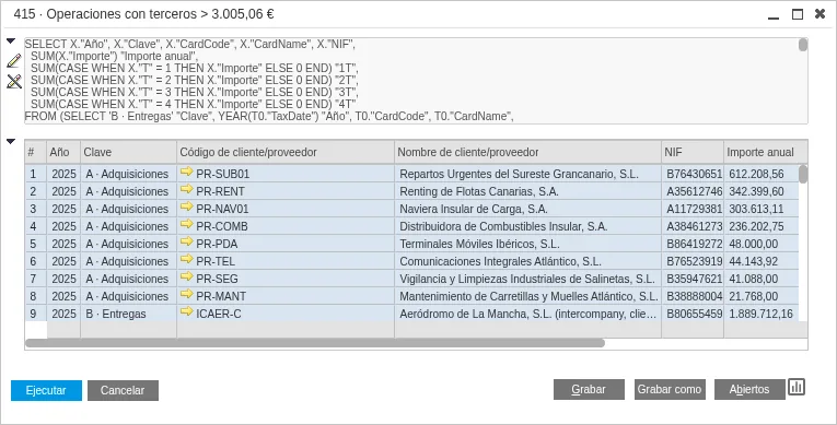 Consulta del modelo 415 dentro de SAP: proveedores y clientes con operaciones de más de 3.005,06 euros y su importe anual.