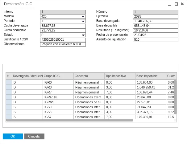 Pantalla Declaración IGIC dentro de SAP: modelo 420, primer trimestre, resultado, estado, fecha de presentación y asiento de liquidación.